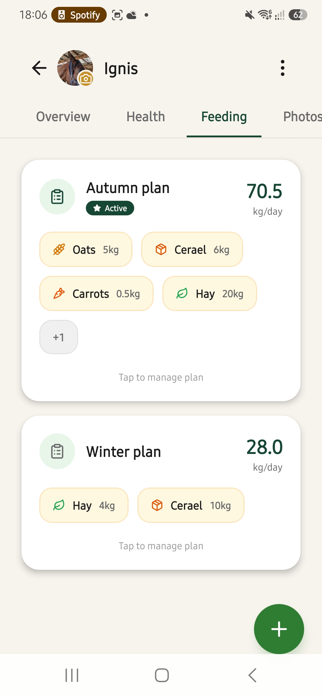 EquiSentry feeding plans screen